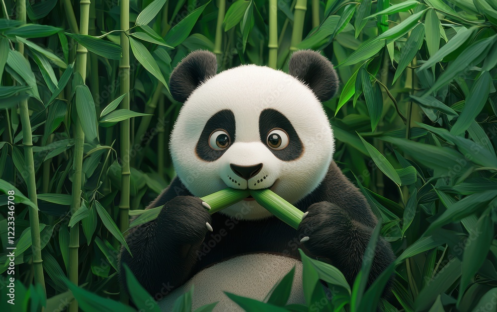Fototapeta premium Realistic 3D icon cartoon of a panda eating bamboo, surrounded by a lush bamboo forest