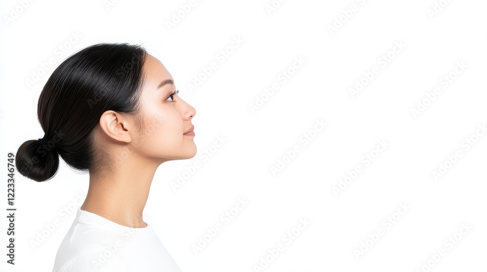 Profile portrait of a young woman with elegant hairstyle against white Profile portrait of a young woman with elegant hairstyle against white