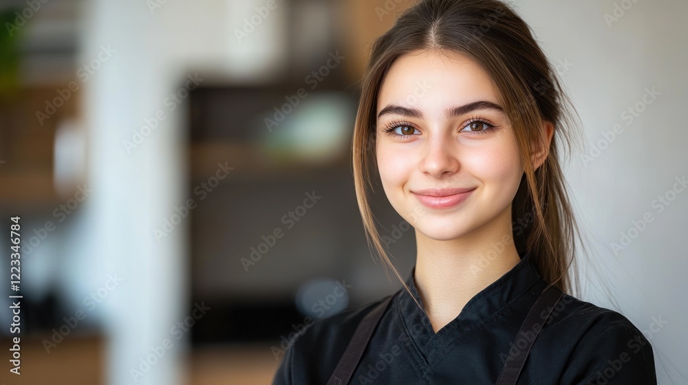 Obraz premium Young chef stands confidently in a contemporary kitchen, exuding warmth and approachability