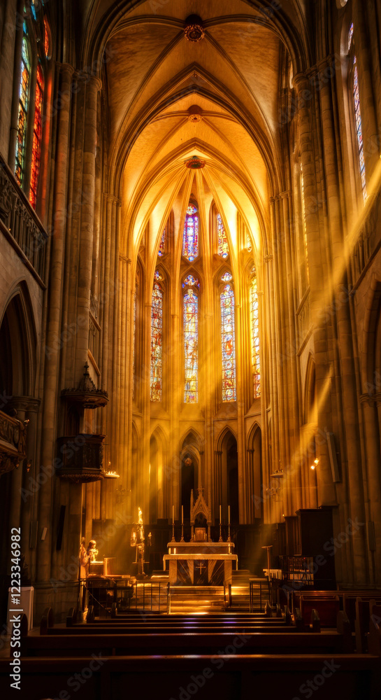 Sunlit Cathedral Interior with Stained Glass and Soaring Arches Sunlit Cathedral Interior with Stained Glass and Soaring Arches