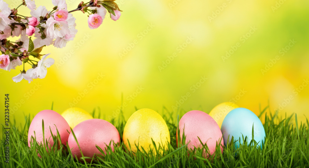 Fototapeta premium Vibrant Easter Eggs on Fresh Grass with Cherry Blossom Against a Sunny Background
