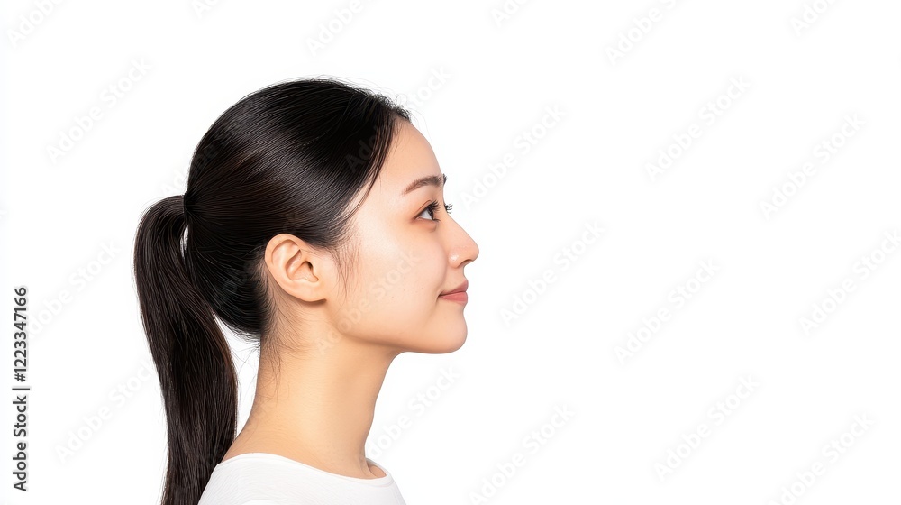 Profile portrait of a young woman with sleek black hair in ponytail Profile portrait of a young woman with sleek black hair in ponytail