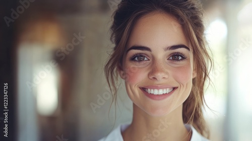 Free Download A cheerful woman smiles warmly indoors, radiating happiness in a cozy setting - GFXLoad