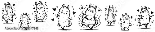 adorable hand-drawn happy dancing alpacas with hearts funny black vector shape