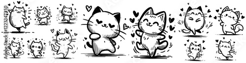 dancing cute finny cats in love with hearts black vector