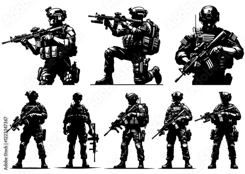 group of soldiers in tactical poses with rifles black silhouette vector photo