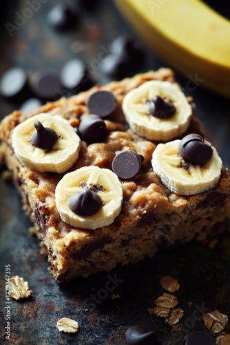 A slice of moist cake with ripe bananas and dark chocolate chips photo