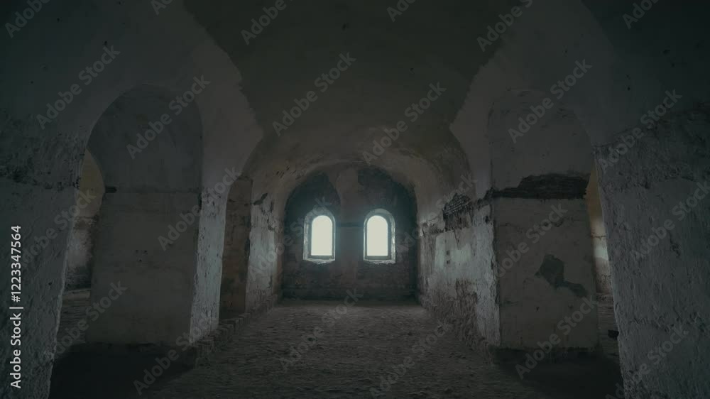 Interior view of an old stone building. The dim light filtering through the windows and the registered walls add a mystical and historical atmosphere to the place. An old building or building looks li Interior view of an old stone building. The dim light filtering through the windows and the registered walls add a mystical and historical atmosphere to the place. An old building or building looks li