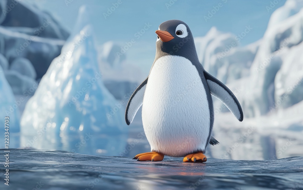 Fototapeta premium Realistic 3D icon cartoon penguin standing on icy terrain with a backdrop of glaciers