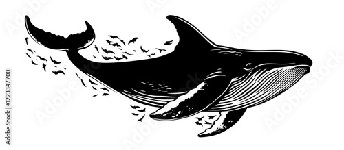 humpback whale with small fish in monochrome hand-drawn silhouette vector