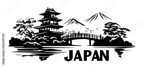 traditional japanese scenery with pagoda bridge and mount fuji silhouette black vector shape