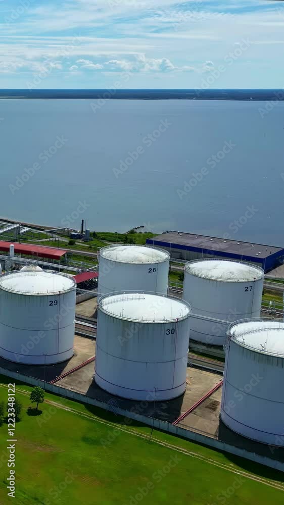 Aerial vertical establishing of a water treatment plant surrounded by green fields and industrial equipment Aerial vertical establishing of a water treatment plant surrounded by green fields and industrial equipment