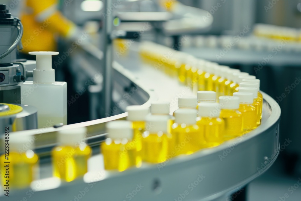 Bottling line with yellow liquid containers on production conveyor Bottling line with yellow liquid containers on production conveyor