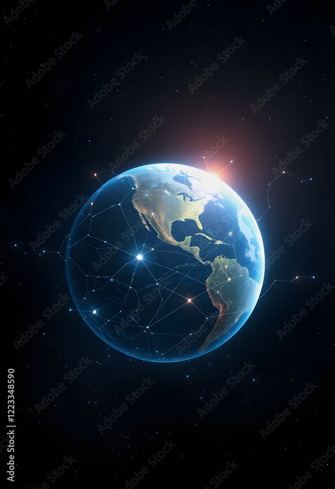 Obraz premium Planet with glowing neural connections in dark space. digital illustration depicting global network connection, future connectivity light, with white tones