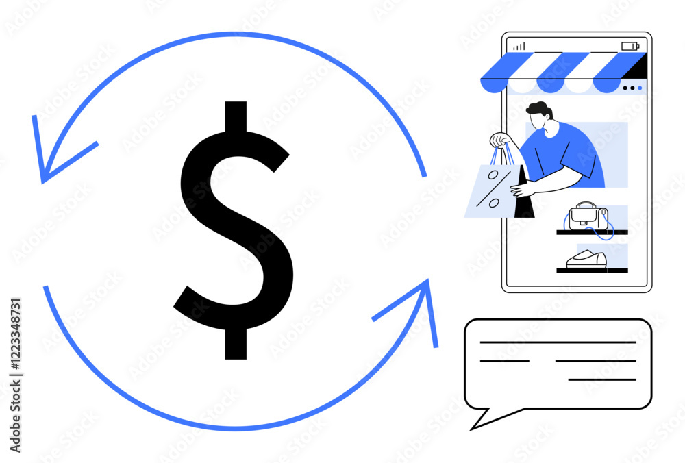 Central dollar sign with circular arrows, online shopping storefront on a smartphone, and chat bubble. Ideal for e-commerce, financial transactions, customer service, online shopping, digital sales Central dollar sign with circular arrows, online shopping storefront on a smartphone, and chat bubble. Ideal for e-commerce, financial transactions, customer service, online shopping, digital sales