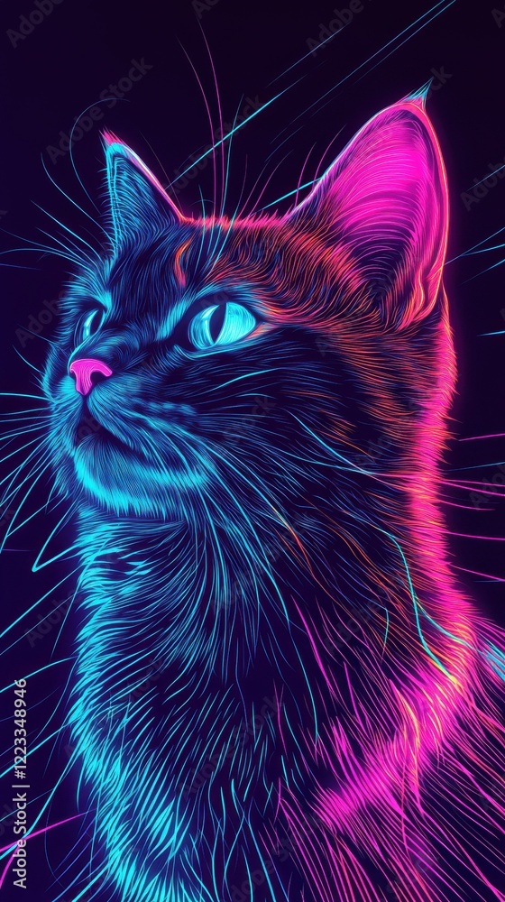 Neon Lines Illustrate a Cats Profile Neon Lines Illustrate a Cats Profile