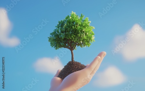 Realistic 3D icon cartoon of a tree growing out of a hand holding soil, surrounded by blue skies, isolated on a white background photo