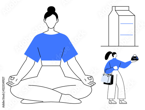 Woman meditating in seated yoga pose, another woman holding shopping bags and market basket, dairy carton. Ideal for lifestyle, wellness, balance, self-care, mindfulness, consumerism simple living