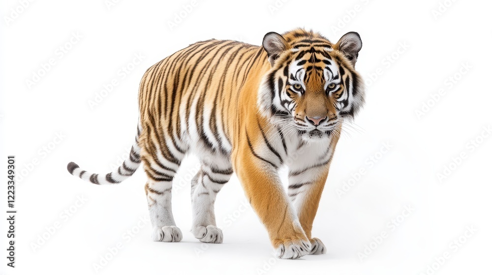Obraz premium Majestic Tiger Walking Gracefully Against a White Background