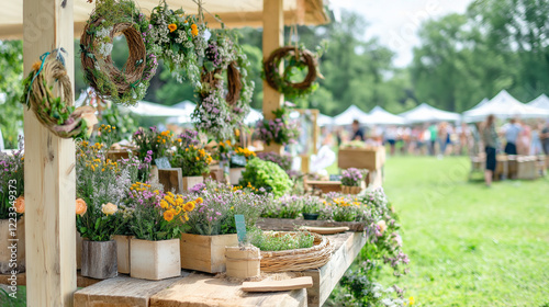 Decorated Booth at Summer Festival with Handmade Flower Wreaths, Wooden Displays, and Fresh Flowers. Festival-Goers in the Background. Ideal for Eco-Friendly Branding or Promotions. High Resolution.