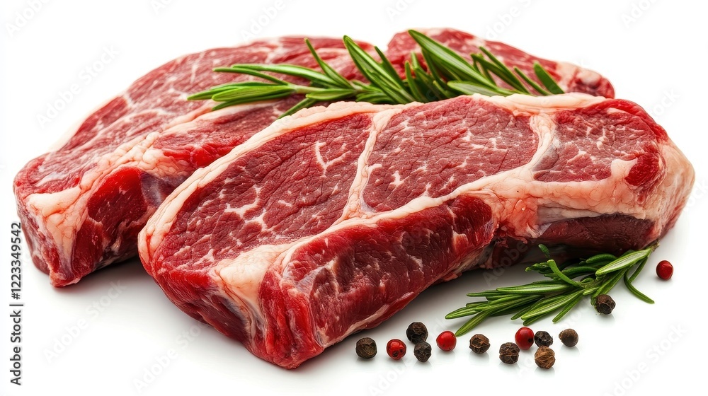 Fresh Raw Meat Cuts with Rosemary and Black Pepper on White Background Fresh Raw Meat Cuts with Rosemary and Black Pepper on White Background