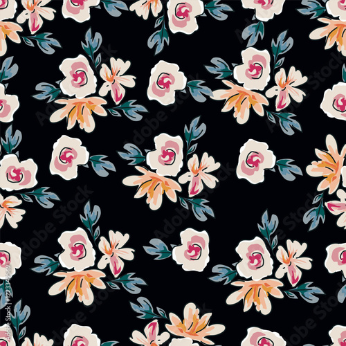 Colorful garden flowers on white background. Seamless vector pattern. Vintage print with inflorescences. Retro textile collection