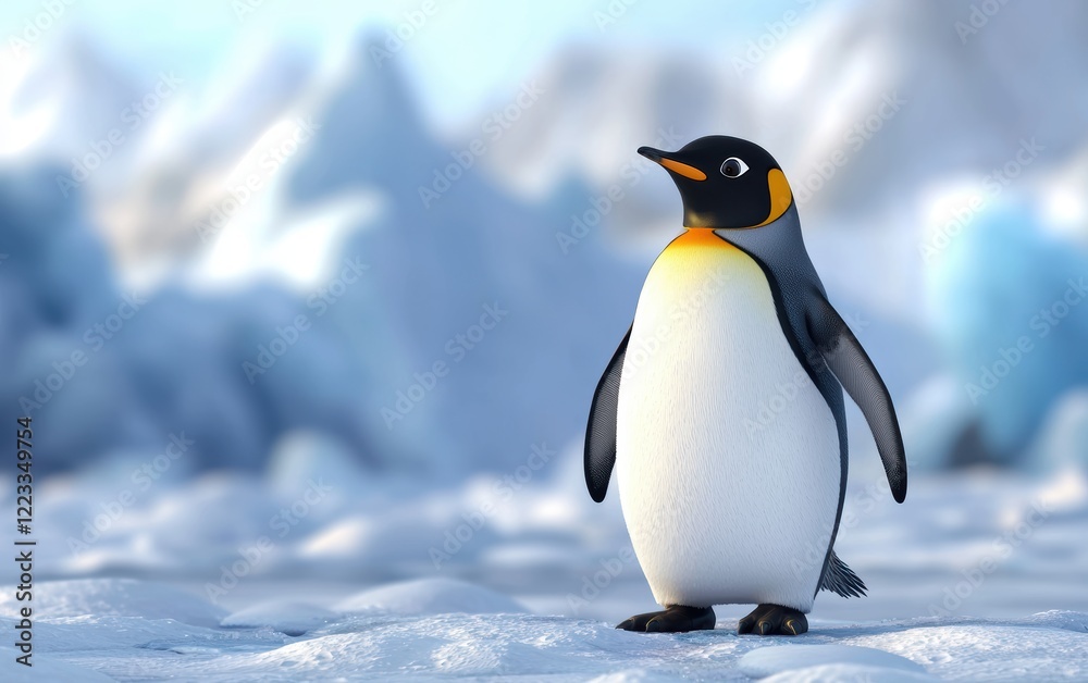 Fototapeta premium Realistic 3D icon cartoon penguin standing on icy terrain with a backdrop of glaciers