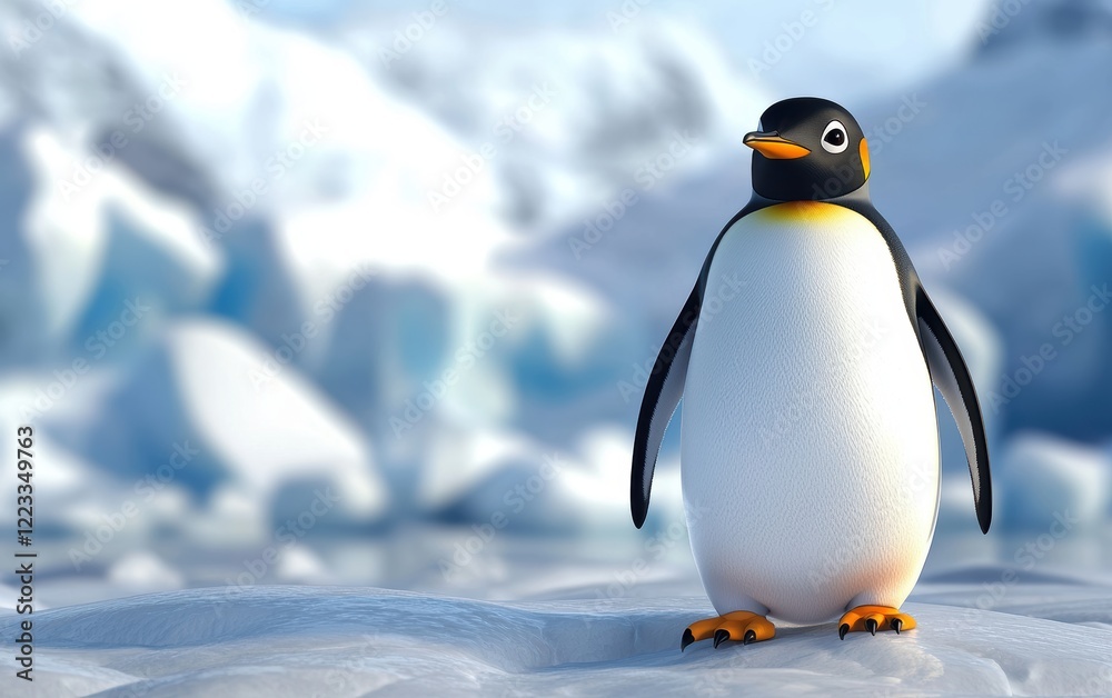 Obraz premium Realistic 3D icon cartoon penguin standing on icy terrain with a backdrop of glaciers