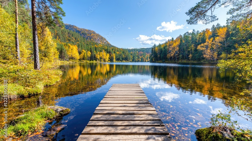 Autumn lake reflection, wooden dock, calm waters, fall foliage. Perfect for travel brochures Autumn lake reflection, wooden dock, calm waters, fall foliage. Perfect for travel brochures