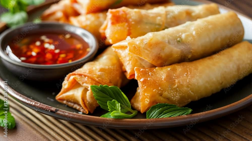 Crispy Spring Rolls Savory Asian Cuisine Appetizer with Fresh Mint and Sweet Chili Sauce, Perfect for Snacks and Sharing at Gatherings