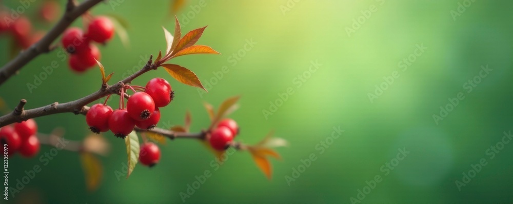 Red berries against a soft green background with bare branches, plant, autumnal Red berries against a soft green background with bare branches, plant, autumnal