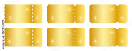 Set of gold ticket mockups with ruffle edges, shining stars and shadows. Empty template. Concert, movie or theater ticket. Boarding blank, lottery, sale coupon