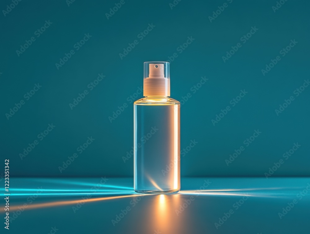 Transparent spray bottle with light reflection on blue backdrop Transparent spray bottle with light reflection on blue backdrop
