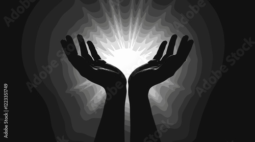 Silhouette of Crucifix in Open Hands, Sunbeams Shining Through, Spiritual Landscape Background