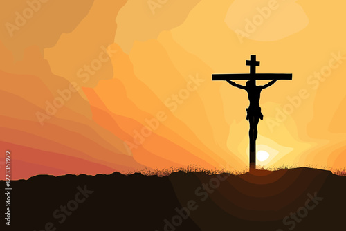 Silhouette of Crucifix in Open Hands, Sunbeams Shining Through, Spiritual Landscape Background