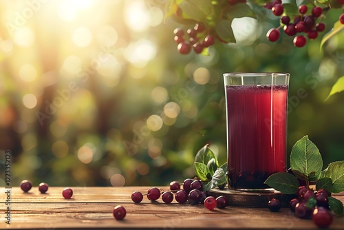 An closeup gaze on a glass of chokeberry wine adorned with leaf and chokeberries on rustic wooden tabletop with a blurred backdrop, Generative AI.