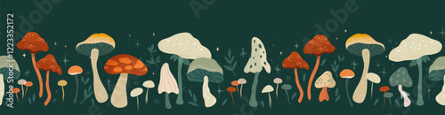 Lovely hand drawn mushrooms, seamless pattern, colorful, magical background, great for textiles, wrapping, wallpapers - vector design