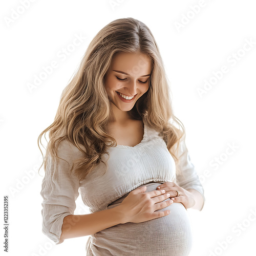 PNG Smiling Pregnant Woman with Hands on Belly Against Transparent Background