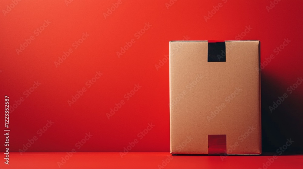 Minimalist red backdrop with a cardboard box in sharp lighting Minimalist red backdrop with a cardboard box in sharp lighting
