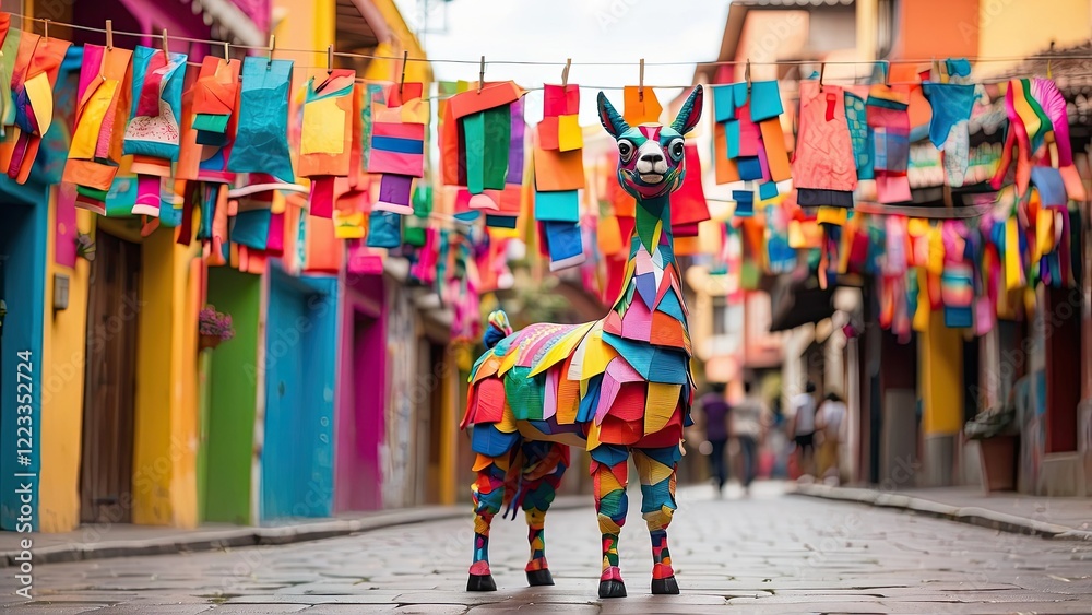 Fototapeta premium A colorful piñata shaped like a donkey, adorned with vibrant paper fringes in shades of pink,