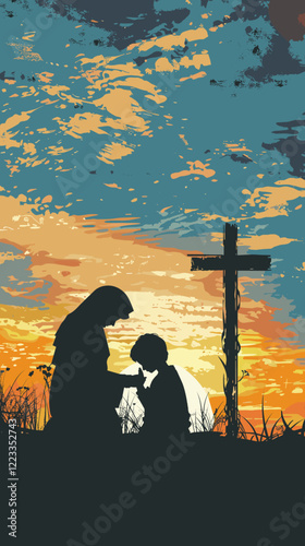 Silhouette of Mother and Son Praying with Cross at Sunset, Christianity Symbol