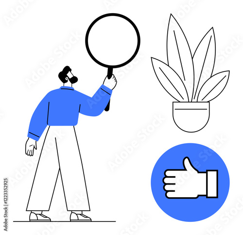 Person with magnifying glass meticulously inspects potted plant nearby thumbs up icon. Ideal for quality control, attention to detail, research, approval, analysis, observation, inspection