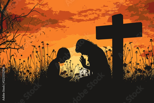 Silhouette of Mother and Son Praying with Cross at Sunset, Christianity Symbol