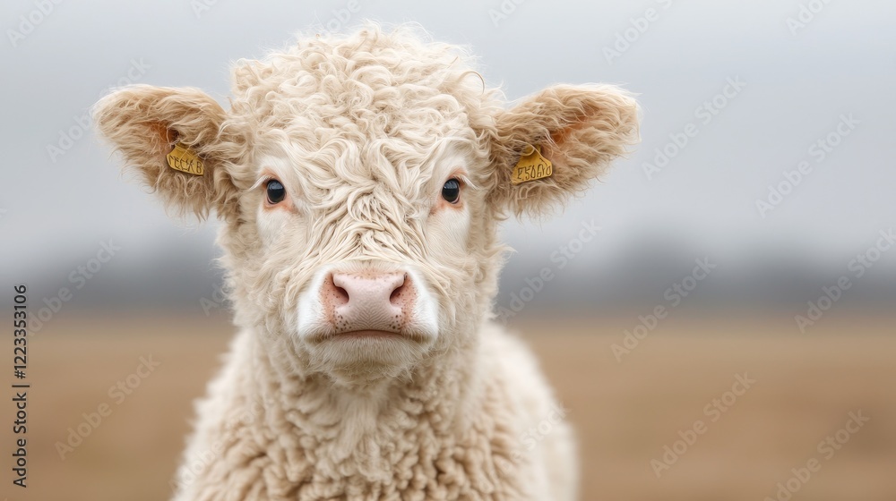 Fluffy calf, farm field, autumn, portrait Fluffy calf, farm field, autumn, portrait
