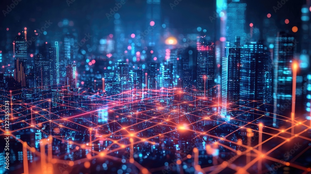 Fototapeta premium Futuristic Cityscape with Neon Lights and Digital Technology Elements in a Vibrant Urban Environment at Night