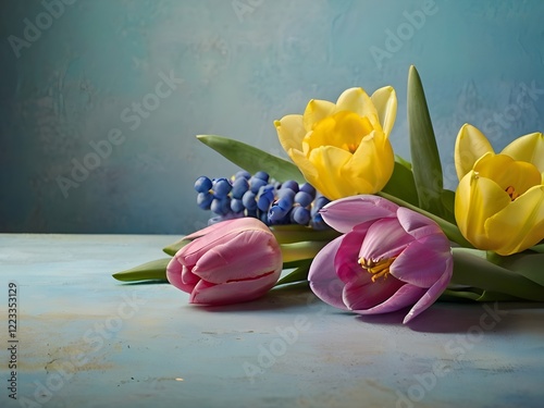 Colorful Spring Bouquet with Tulips and Blue Hyacinths on a Rustic Table