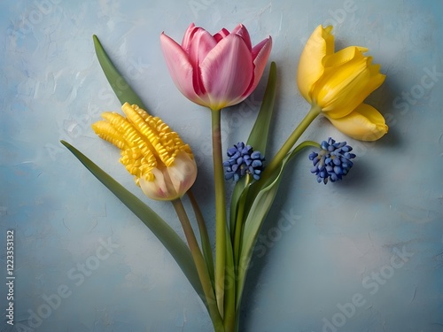 and Purple Flowers on a Light Blue Surface