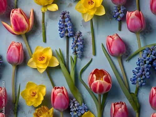 Colorful Spring Flowers Arranged Flat Lay On Light Blue Background