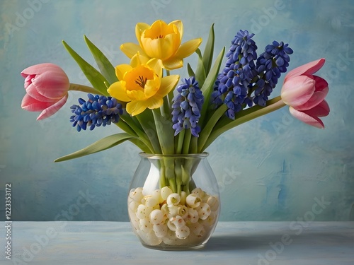 Colorful Spring Flower Arrangement in a Glass Vase