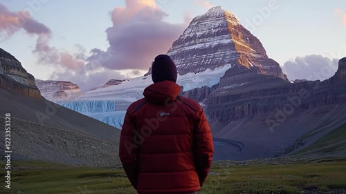 Majestic mountain view at sunrise with a person gazing in Jasper National Park